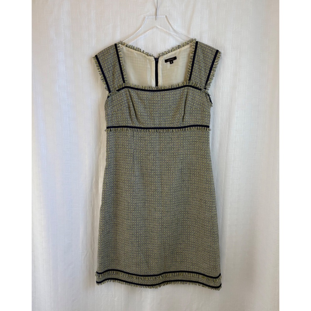 Tocca Green Blue Wool Tweed Fringed Sheath Dress Silk Lining Size 8